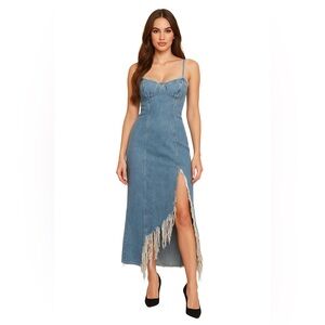Good American Blue Denim Maxi Dress with Frayed Slit